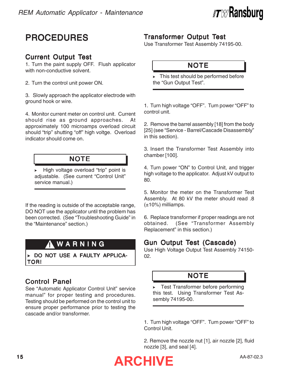 Archive, Procedures | Ransburg REM Automatic Applicator 73499 User Manual | Page 20 / 40