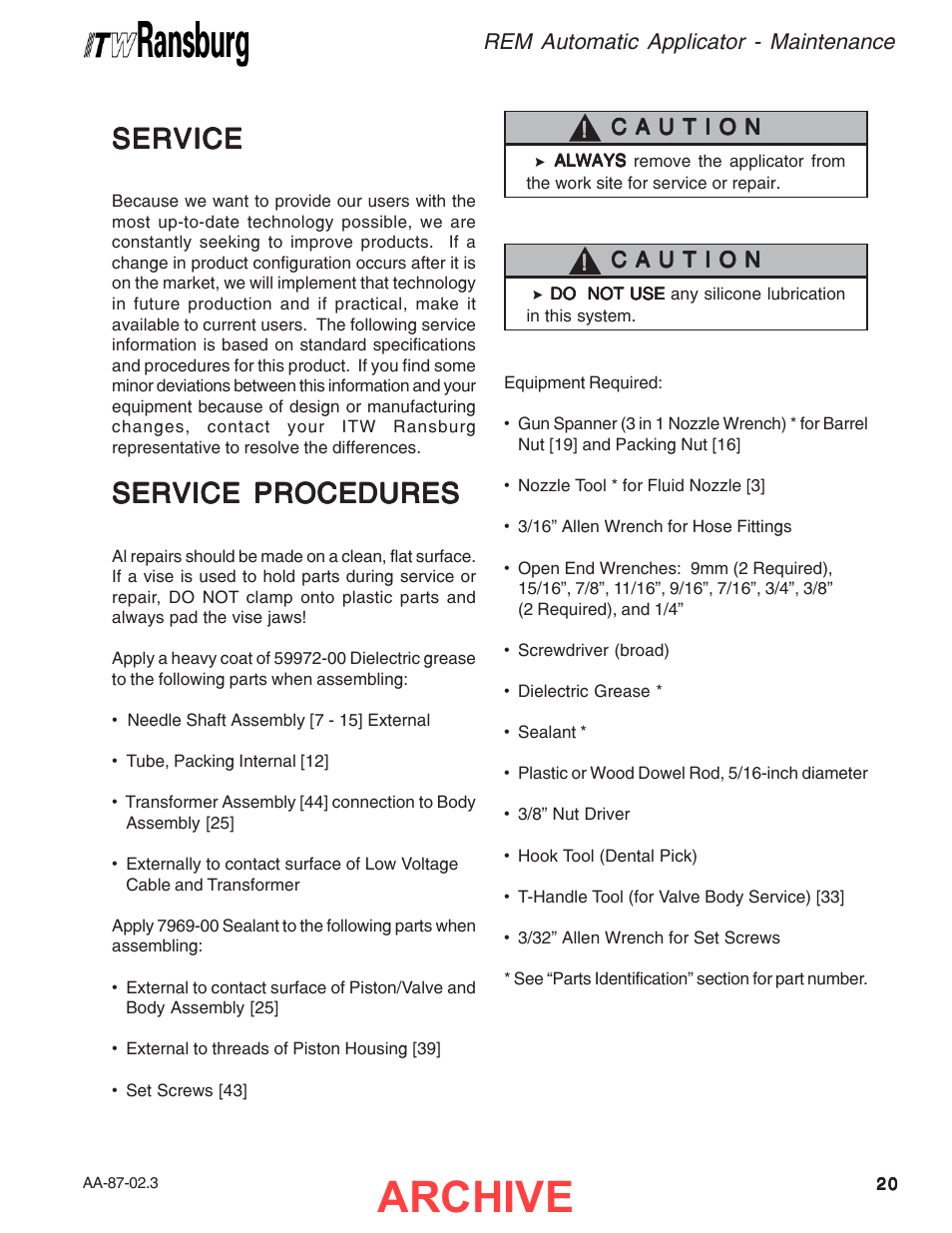 Archive, Service, Service procedures | Ransburg REM Automatic Applicator 73499 User Manual | Page 25 / 40