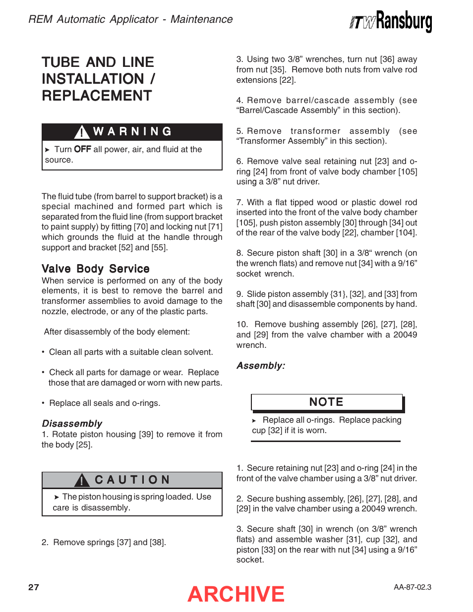 Archive, Tube and line | Ransburg REM Automatic Applicator 73499 User Manual | Page 32 / 40