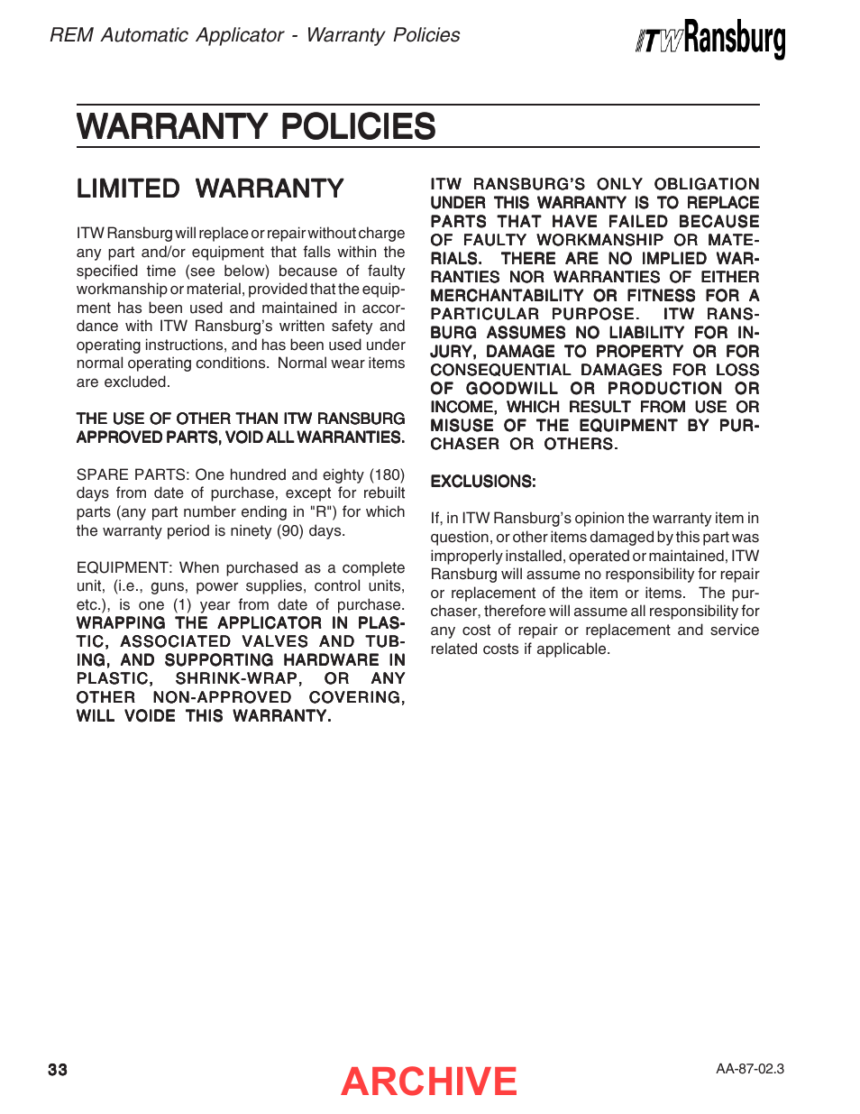 Warranty policies, Archive, Limited w | Ransburg REM Automatic Applicator 73499 User Manual | Page 38 / 40