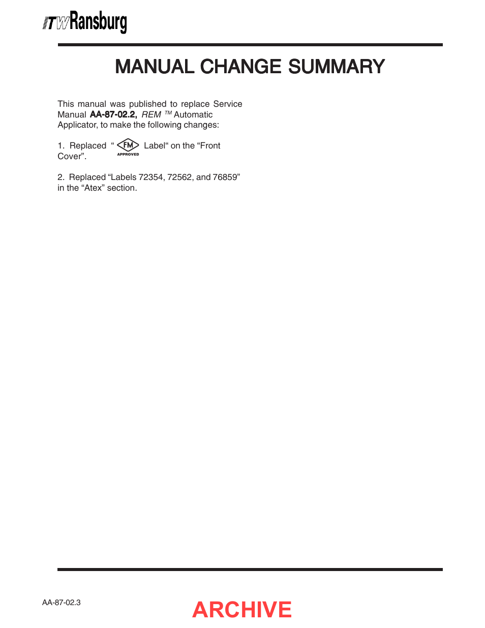 Manual change summary, Archive, Manual | Ransburg REM Automatic Applicator 73499 User Manual | Page 39 / 40