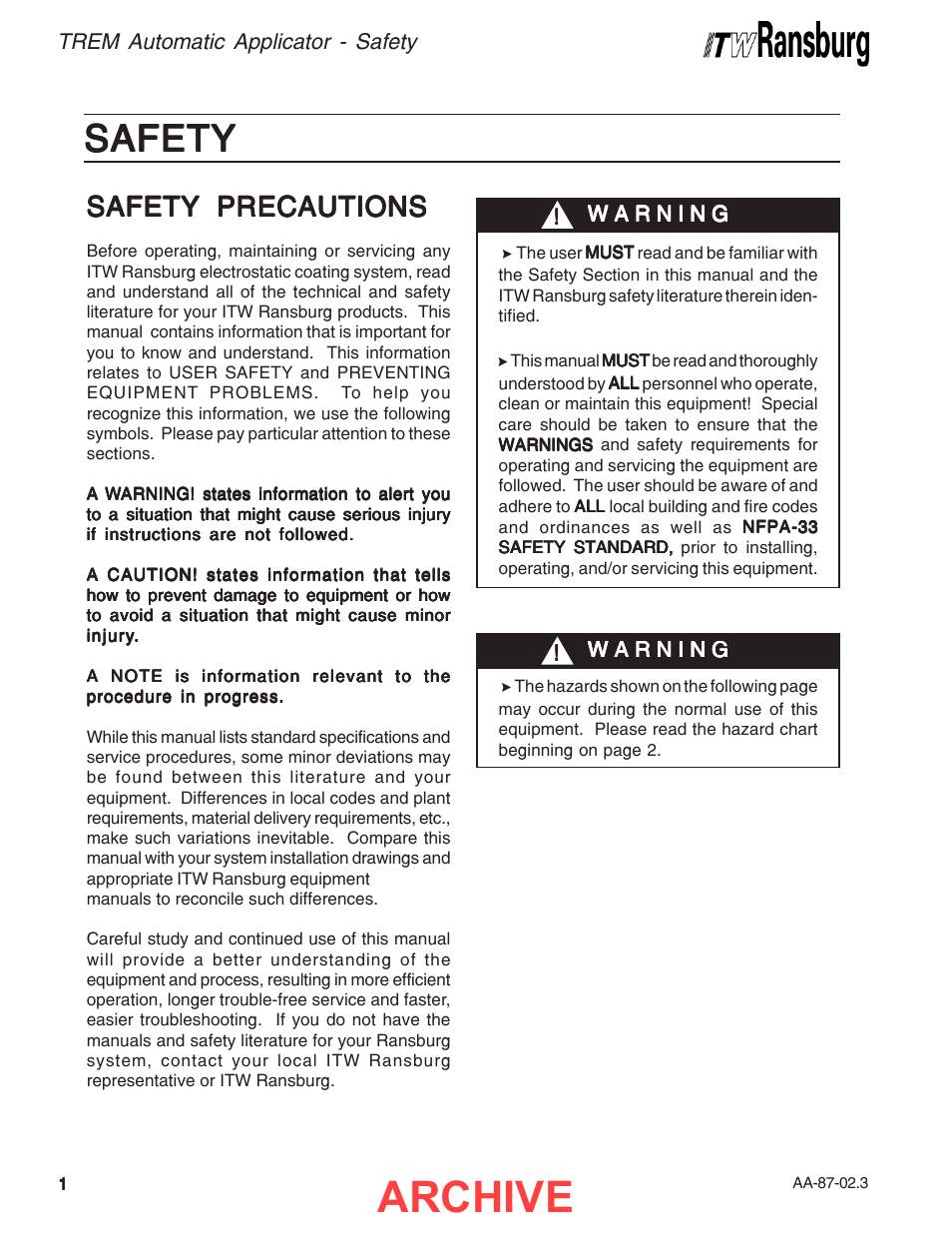 Safety, Archive, Safety precautions | Ransburg REM Automatic Applicator 73499 User Manual | Page 4 / 40