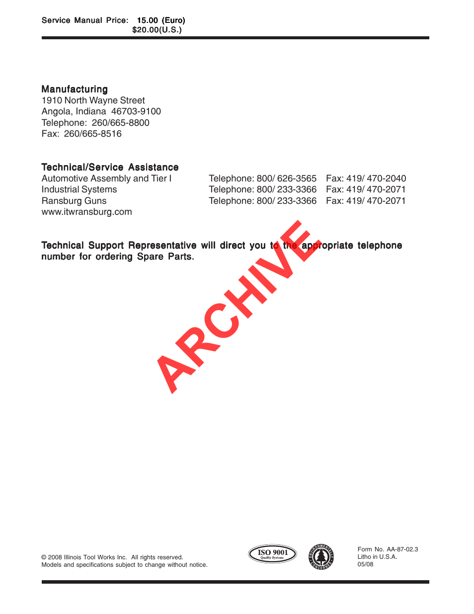 Contact information, Archive | Ransburg REM Automatic Applicator 73499 User Manual | Page 40 / 40