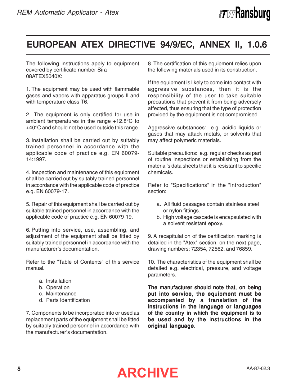 Atex, Archive, European a | Ransburg REM Automatic Applicator 73499 User Manual | Page 8 / 40