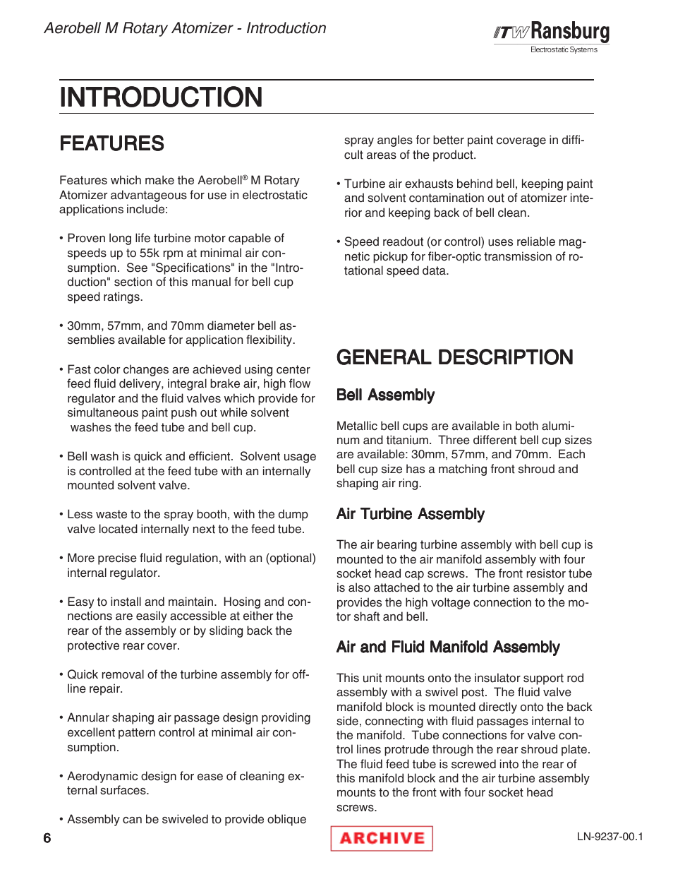 Introduction, General description, Fea features tures tures tures tures | Ransburg Aerobell M Rotary Atomizer 78101 User Manual | Page 10 / 60