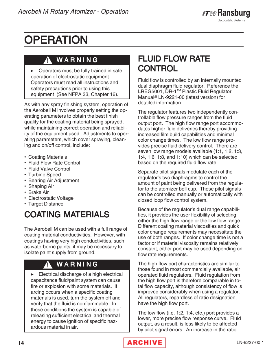 Opera, Opera operation tion tion tion tion, Fluid flow ra | Ransburg Aerobell M Rotary Atomizer 78101 User Manual | Page 18 / 60