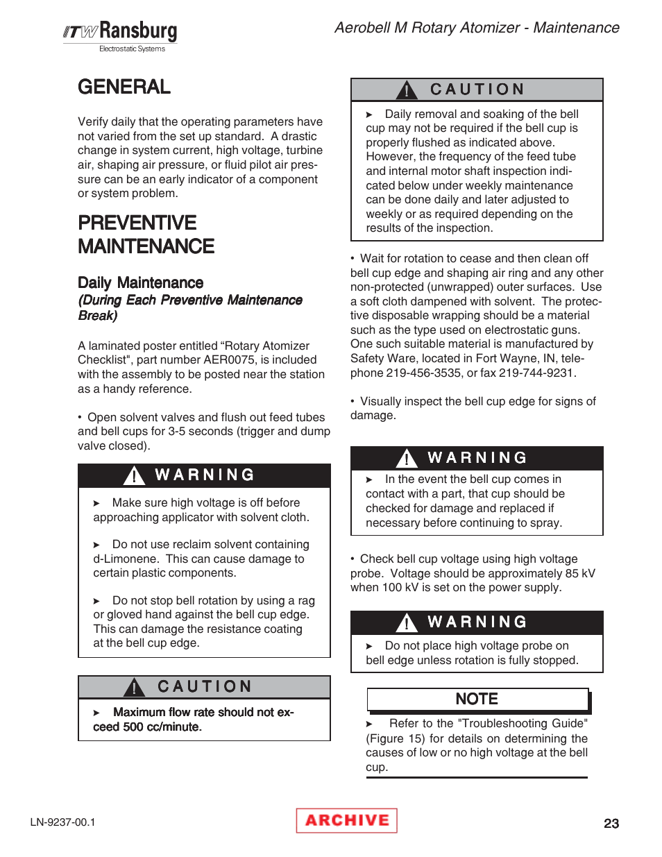 Preventive, General | Ransburg Aerobell M Rotary Atomizer 78101 User Manual | Page 27 / 60