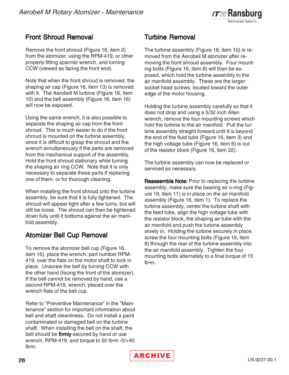 Aerobell m rotary atomizer - maintenance | Ransburg Aerobell M Rotary Atomizer 78101 User Manual | Page 30 / 60