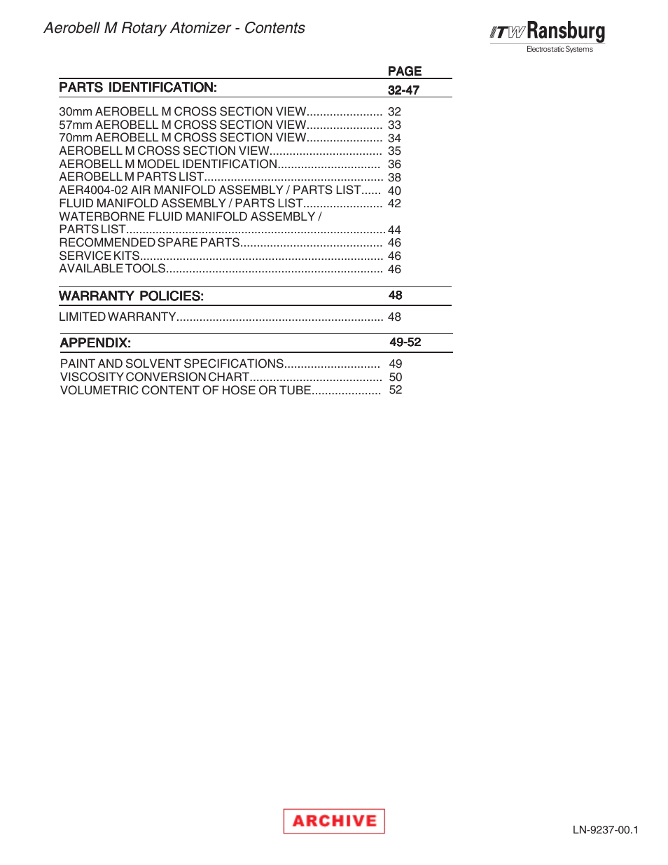 Aerobell m rotary atomizer - contents | Ransburg Aerobell M Rotary Atomizer 78101 User Manual | Page 4 / 60