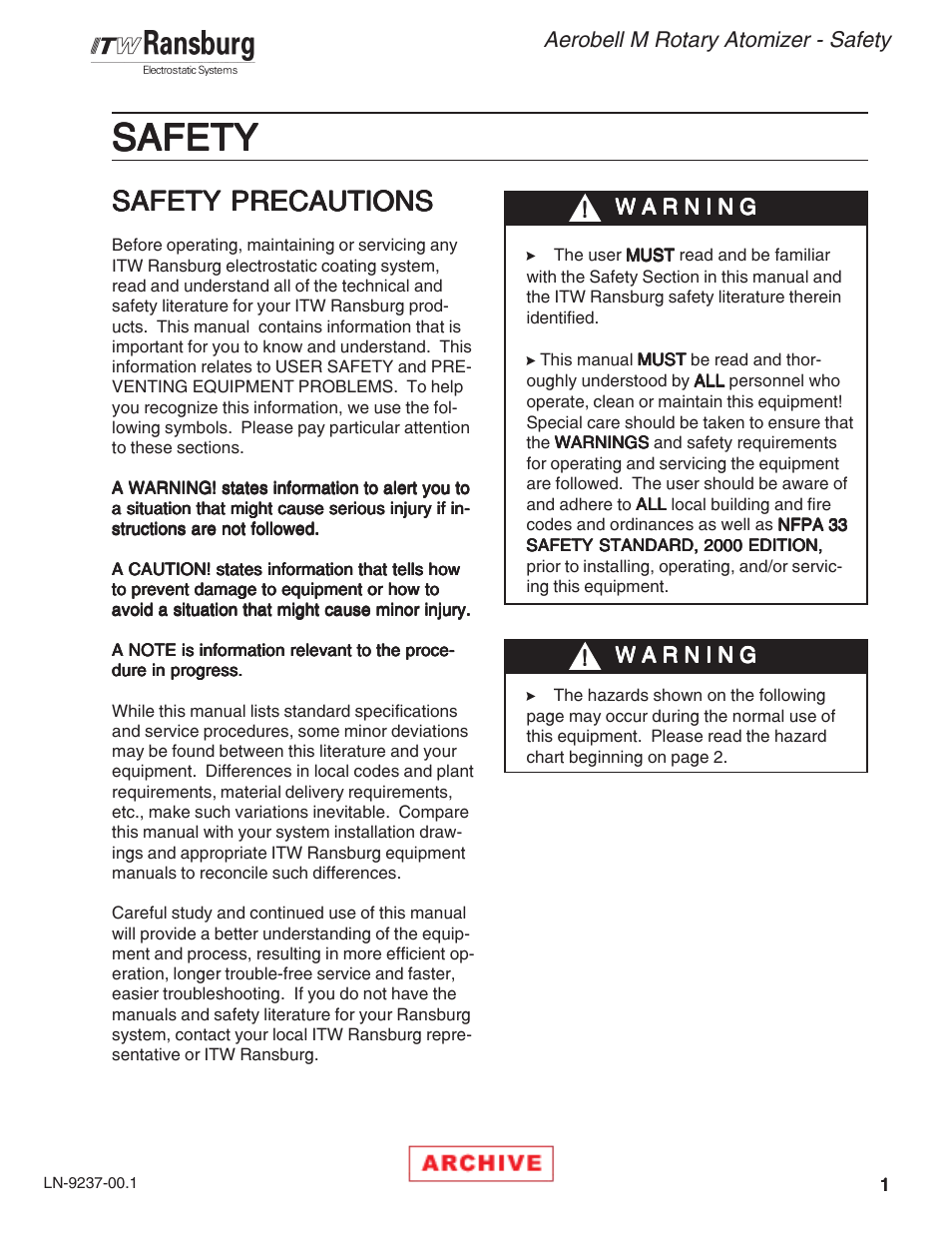 Safety, Safety precautions | Ransburg Aerobell M Rotary Atomizer 78101 User Manual | Page 5 / 60