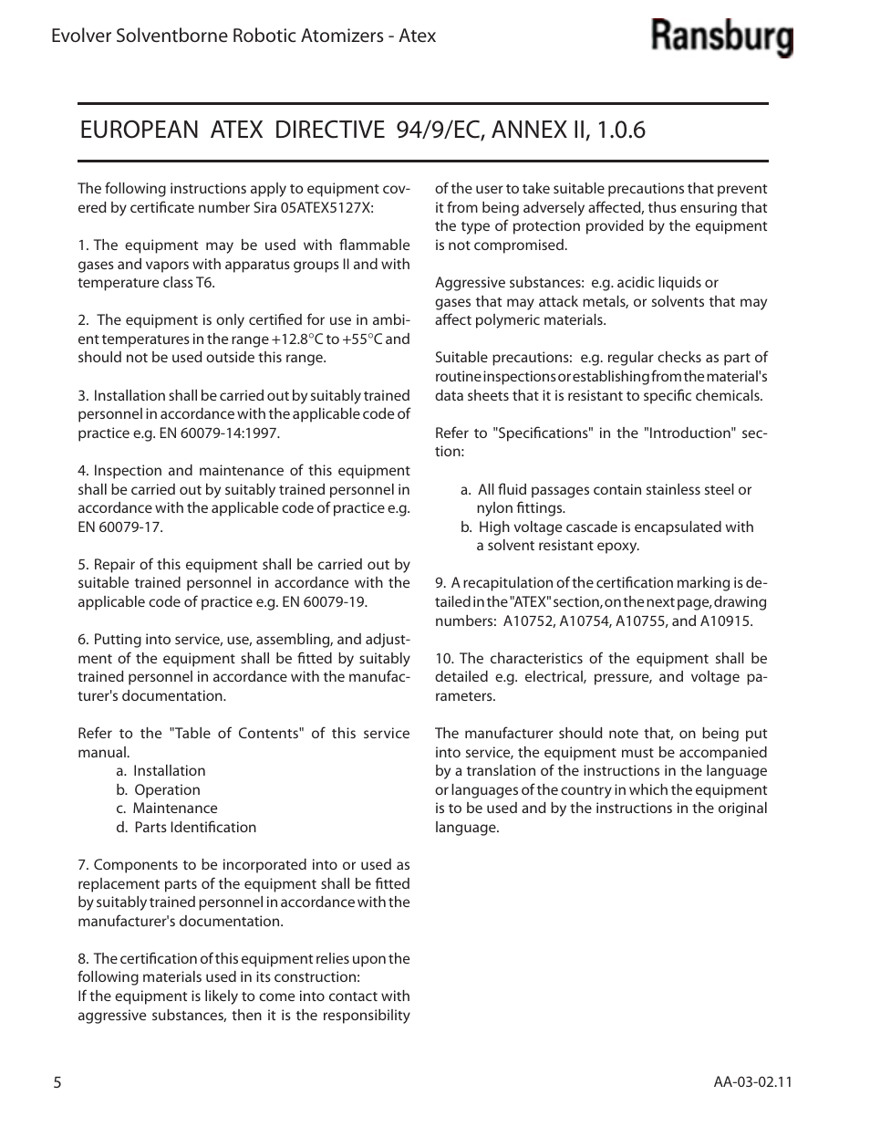 Evolver solventborne robotic atomizers - atex | Ransburg Evolver Solvent Applicator 79190-XXXXXXXX User Manual | Page 10 / 86