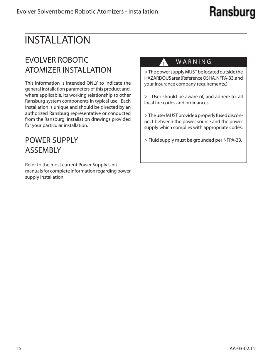 Installation, Evolver robotic atomizer installation, Power supply assembly | Ransburg Evolver Solvent Applicator 79190-XXXXXXXX User Manual | Page 20 / 86