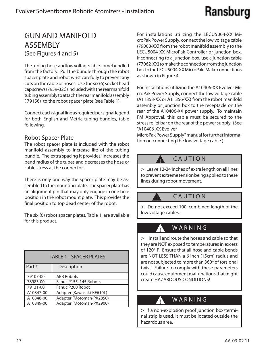 Gun and manifold assembly, See figures 4 and 5), Robot spacer plate | Ransburg Evolver Solvent Applicator 79190-XXXXXXXX User Manual | Page 22 / 86