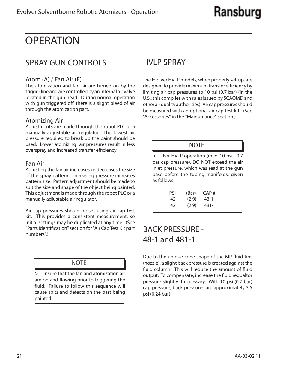 Operation, Spray gun controls, Hvlp spray | Ransburg Evolver Solvent Applicator 79190-XXXXXXXX User Manual | Page 26 / 86