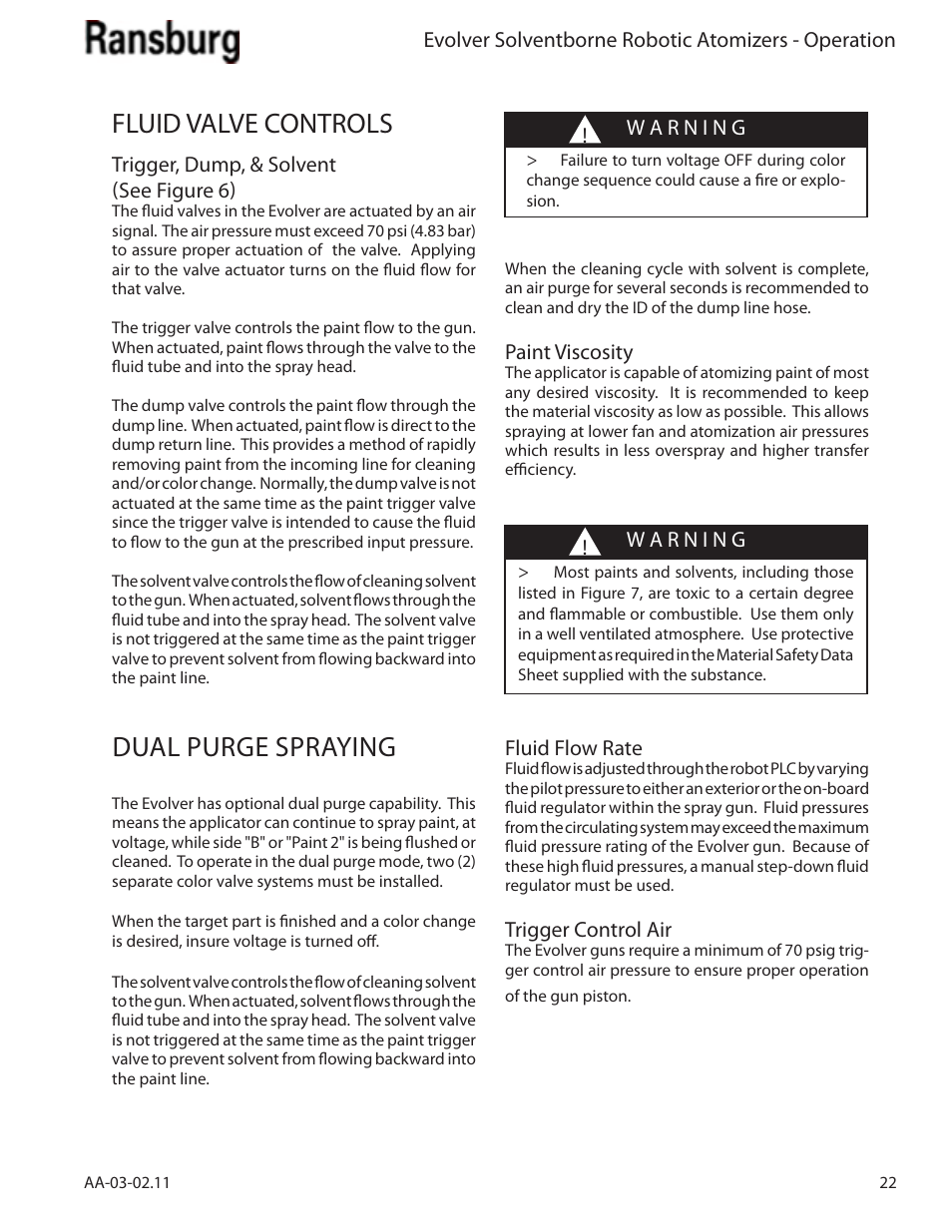 Fluid valve controls, Dual purge spraying | Ransburg Evolver Solvent Applicator 79190-XXXXXXXX User Manual | Page 27 / 86