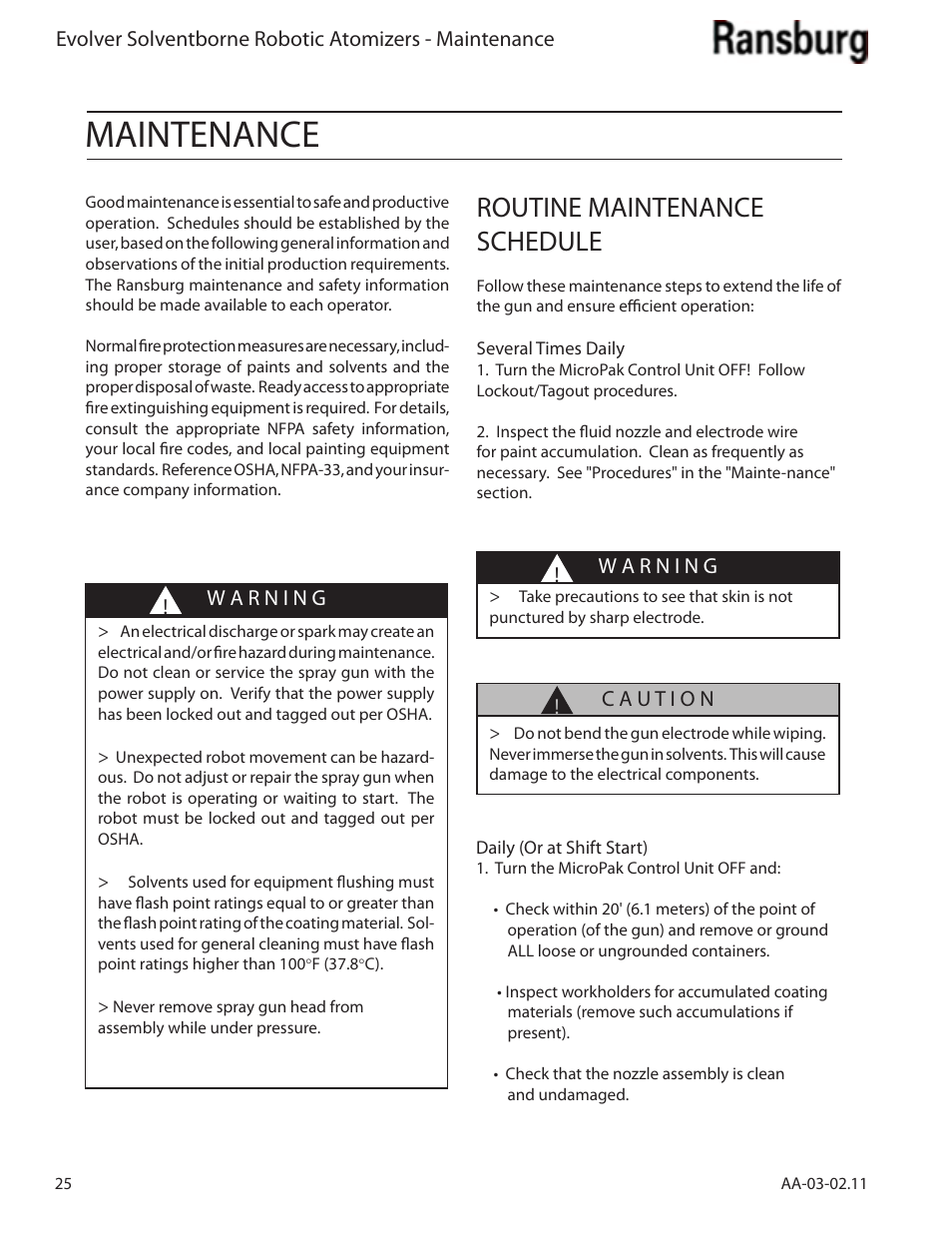 Maintenance, Routine maintenance schedule | Ransburg Evolver Solvent Applicator 79190-XXXXXXXX User Manual | Page 30 / 86