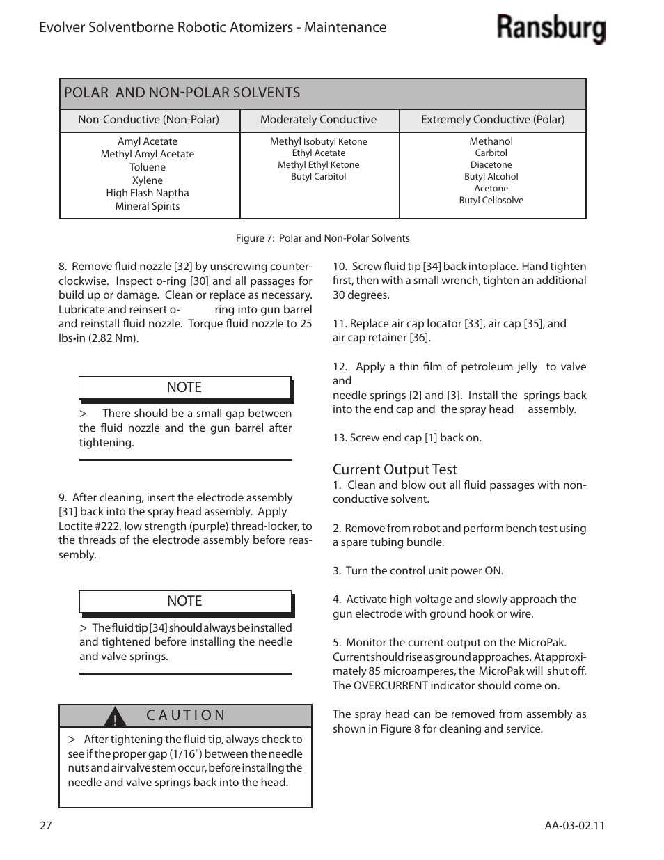 Current output test, Polar and non-polar solvents | Ransburg Evolver Solvent Applicator 79190-XXXXXXXX User Manual | Page 32 / 86