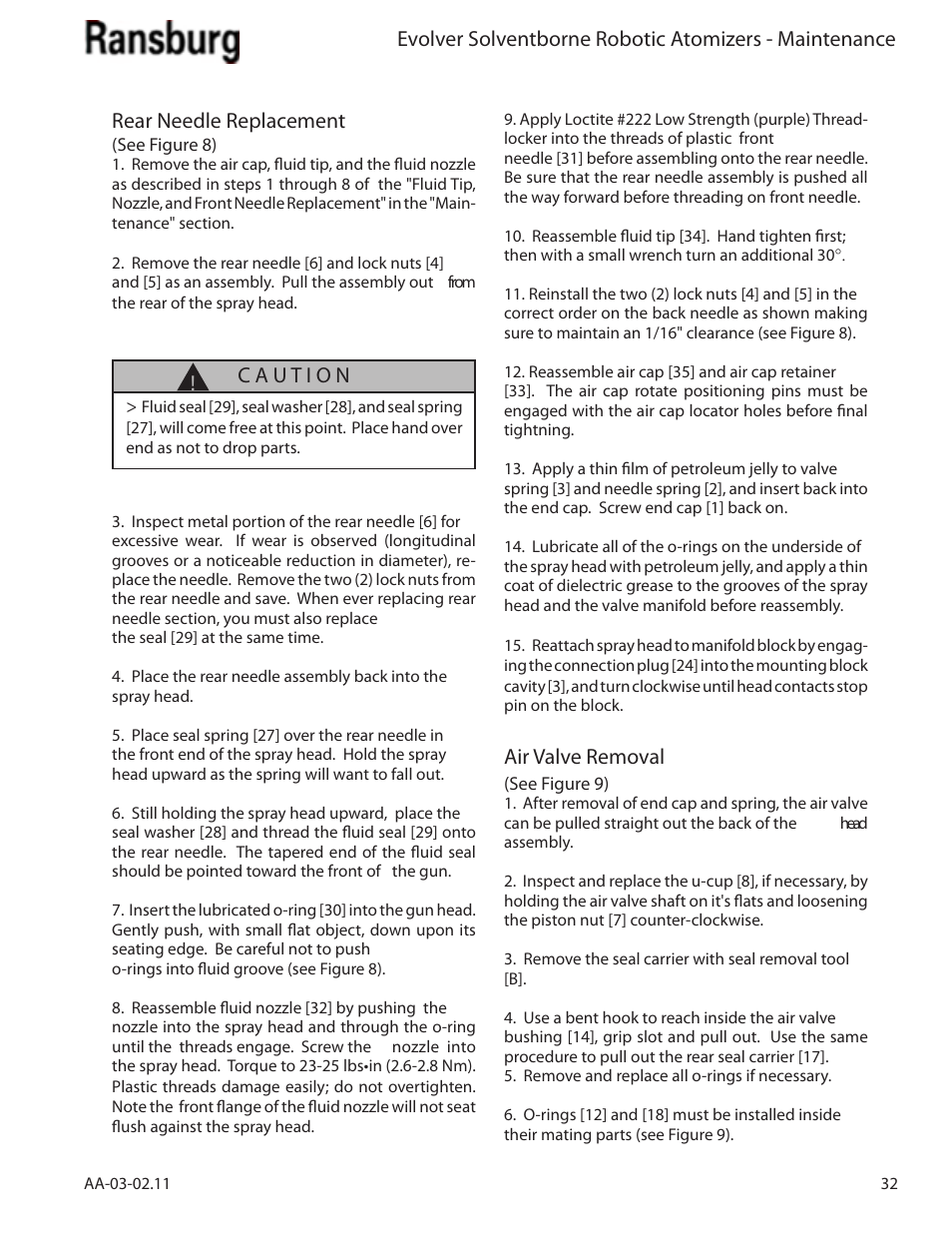 Rear needle replacement, Air valve removal | Ransburg Evolver Solvent Applicator 79190-XXXXXXXX User Manual | Page 37 / 86