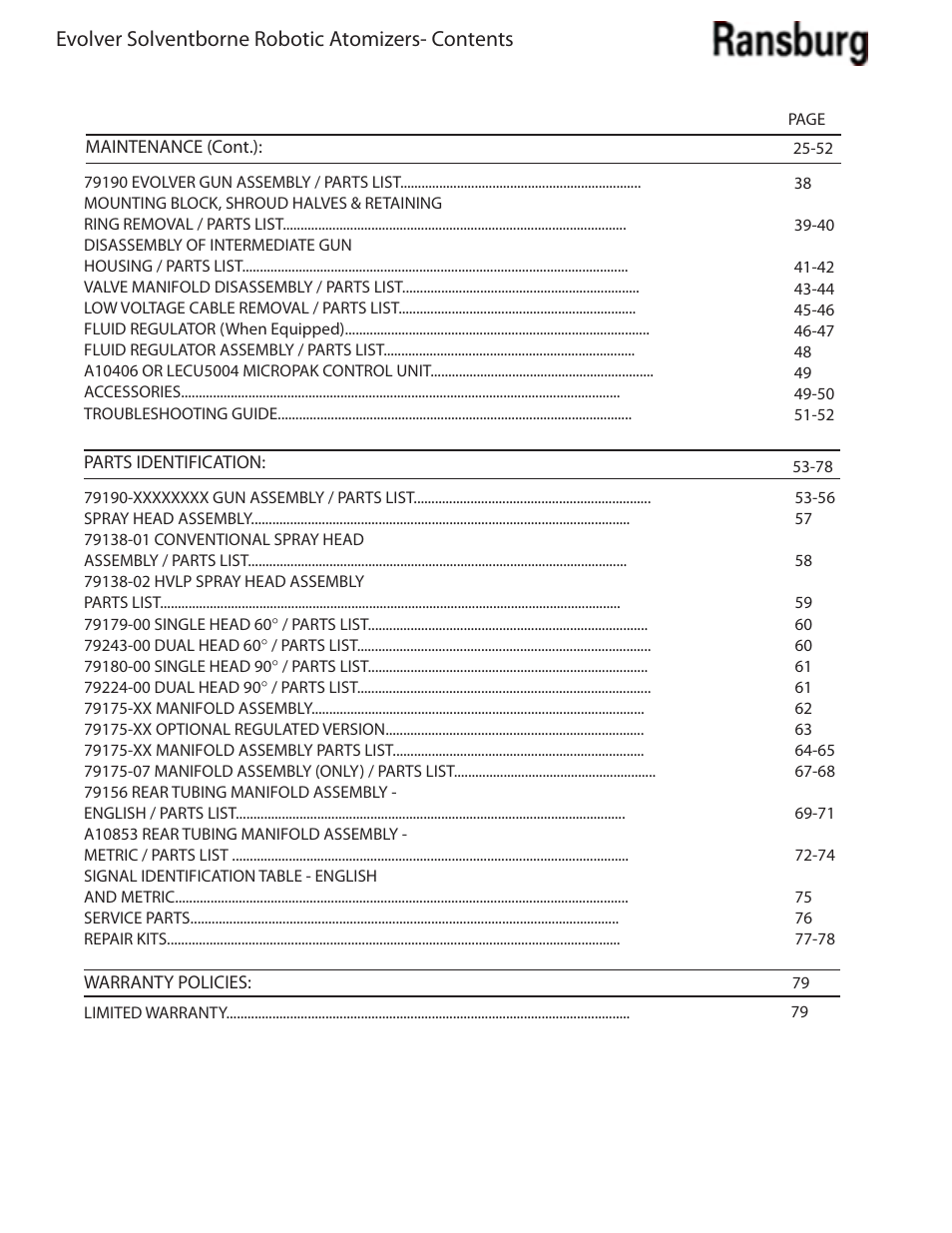 Evolver solventborne robotic atomizers- contents | Ransburg Evolver Solvent Applicator 79190-XXXXXXXX User Manual | Page 4 / 86