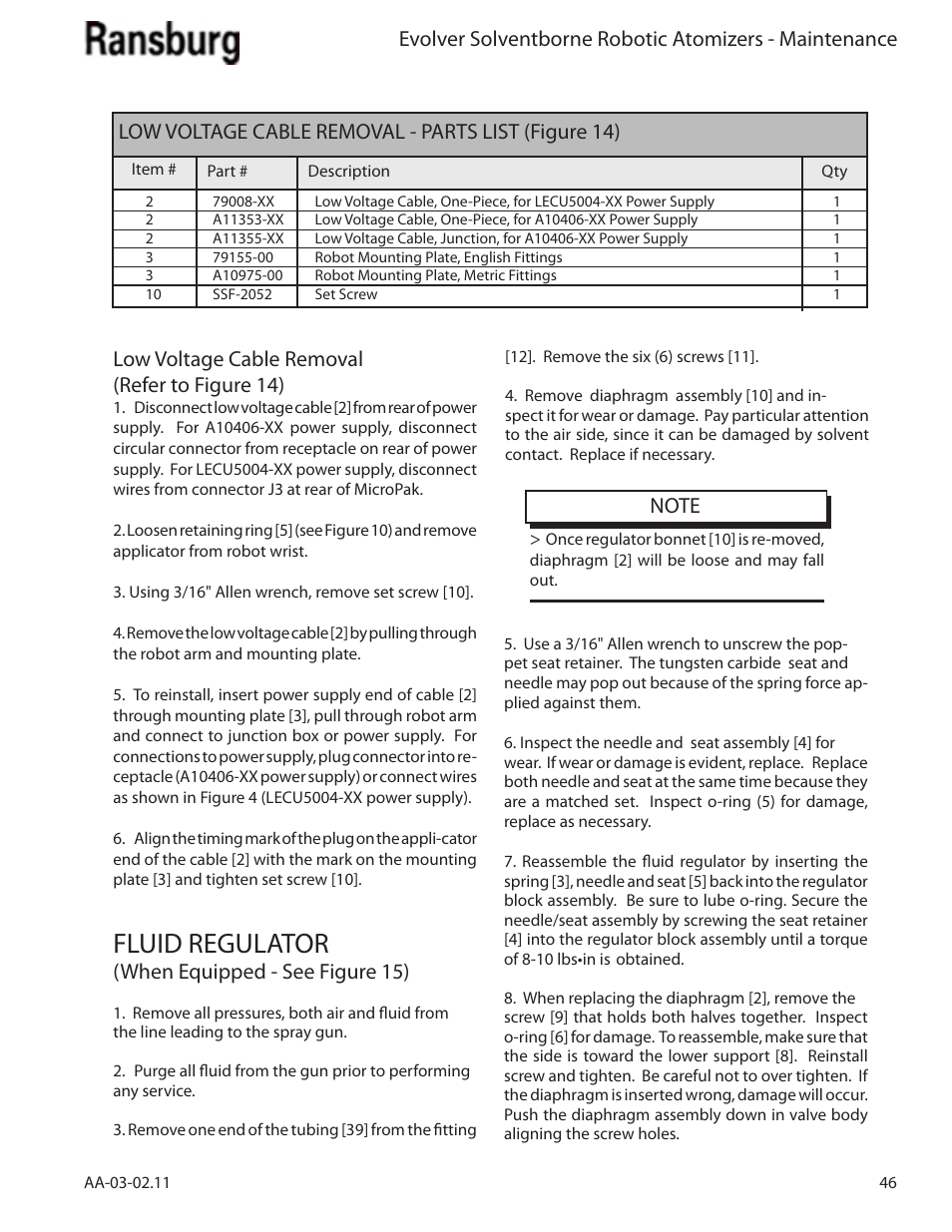 Fluid regulator, When equipped - see figure 15), Low voltage cable removal - parts list (figure 14) | Ransburg Evolver Solvent Applicator 79190-XXXXXXXX User Manual | Page 51 / 86