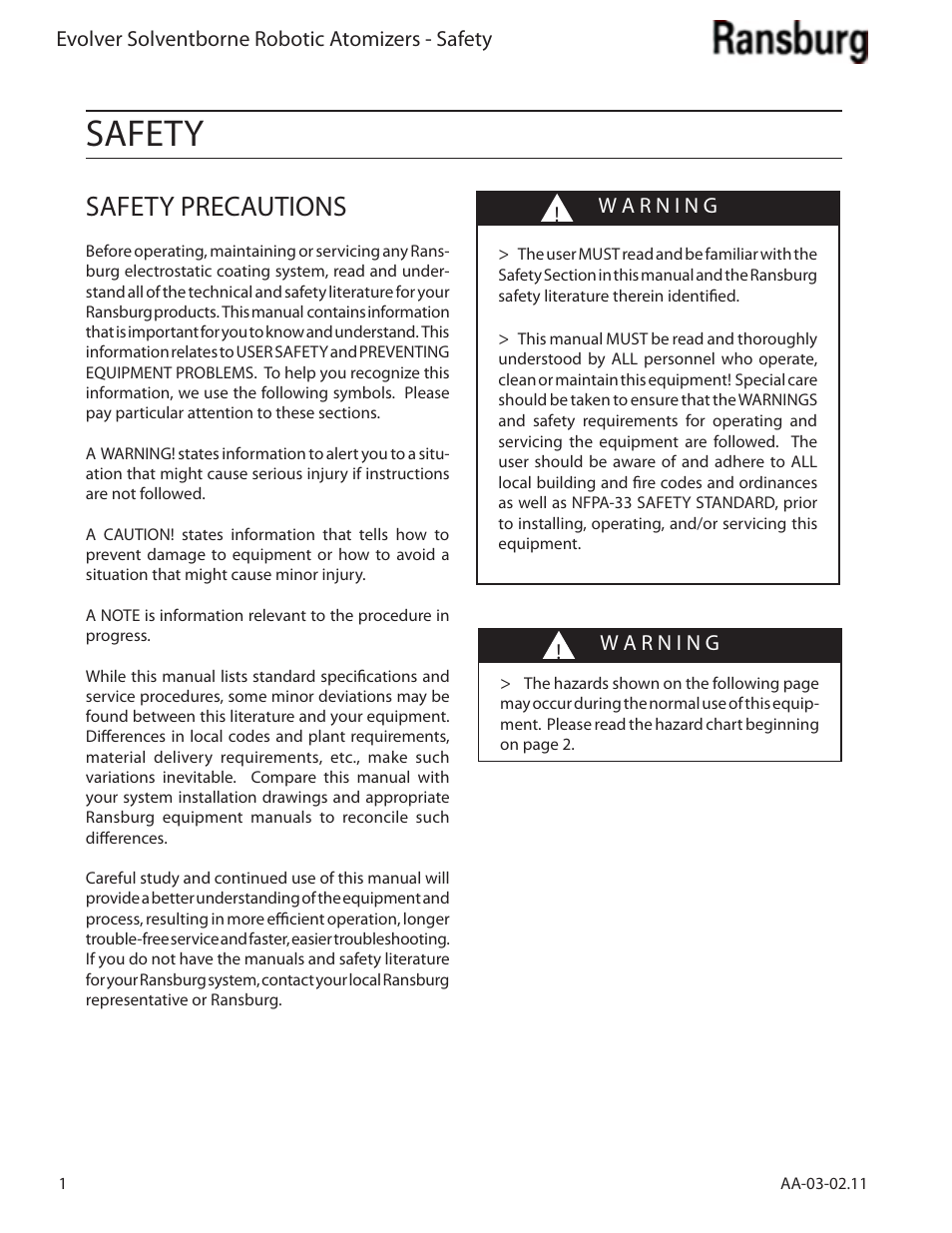 Safety, Safety precautions | Ransburg Evolver Solvent Applicator 79190-XXXXXXXX User Manual | Page 6 / 86