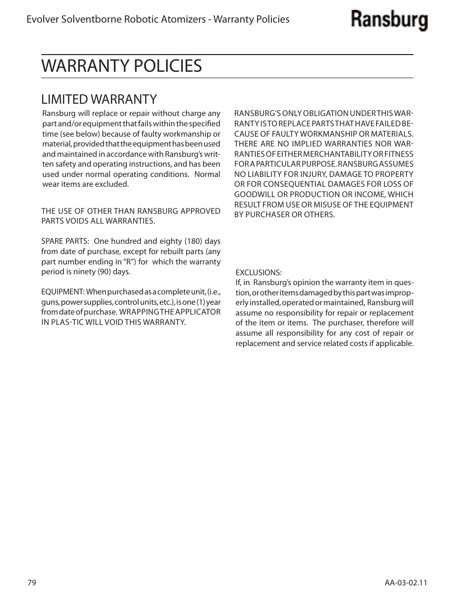 Warranty policies, Limited warranty | Ransburg Evolver Solvent Applicator 79190-XXXXXXXX User Manual | Page 84 / 86