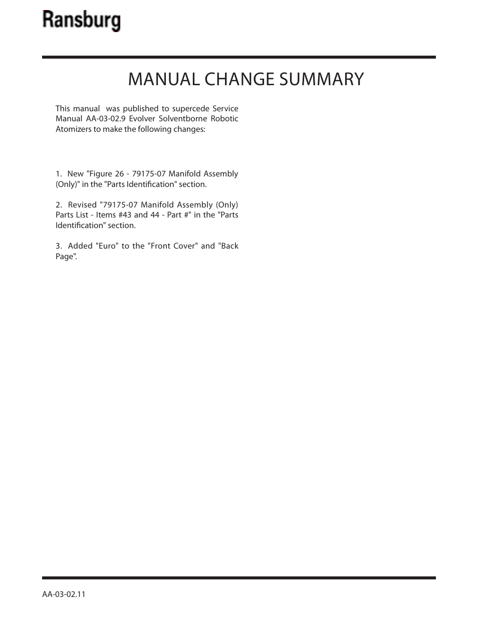 Manual change summary | Ransburg Evolver Solvent Applicator 79190-XXXXXXXX User Manual | Page 85 / 86