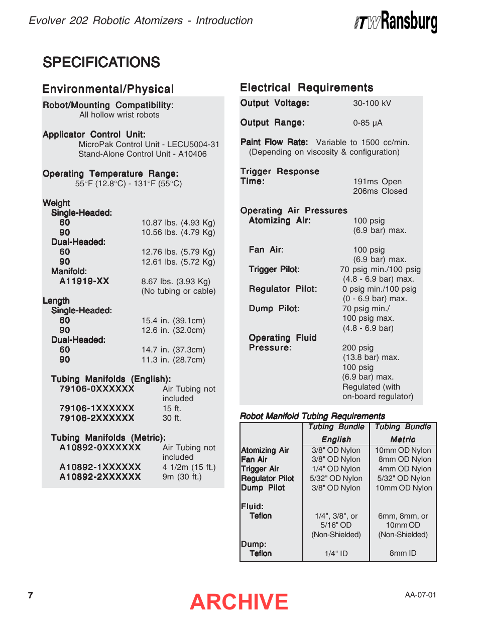 Archive, Specifica, Specifica specifications tions tions tions tions | Evolver 202 robotic atomizers - introduction, Environmental/physical | Ransburg Evolver 202 Solvent A11918-XXX User Manual | Page 12 / 96