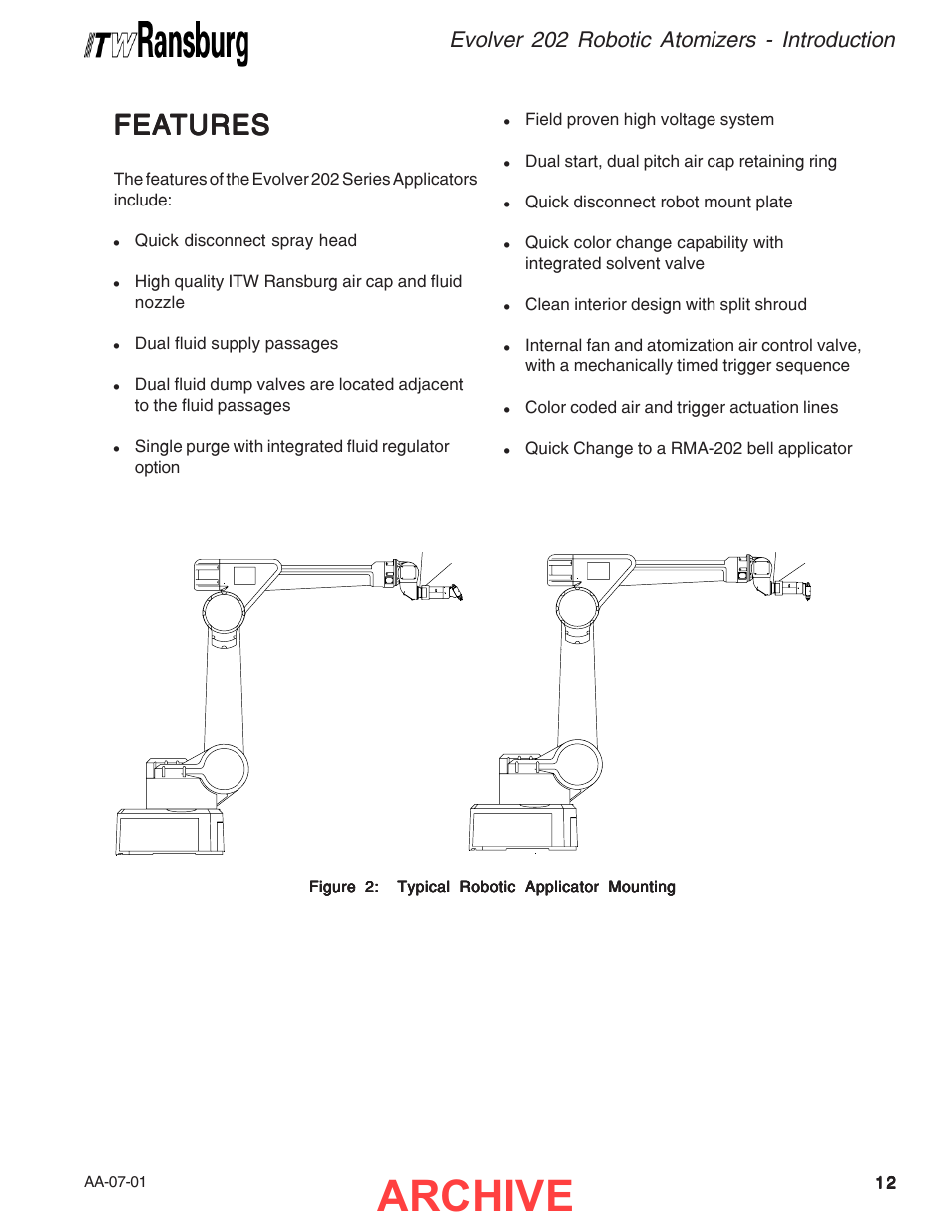 Archive, Fea features tures tures tures tures, Evolver 202 robotic atomizers - introduction | Ransburg Evolver 202 Solvent A11918-XXX User Manual | Page 17 / 96