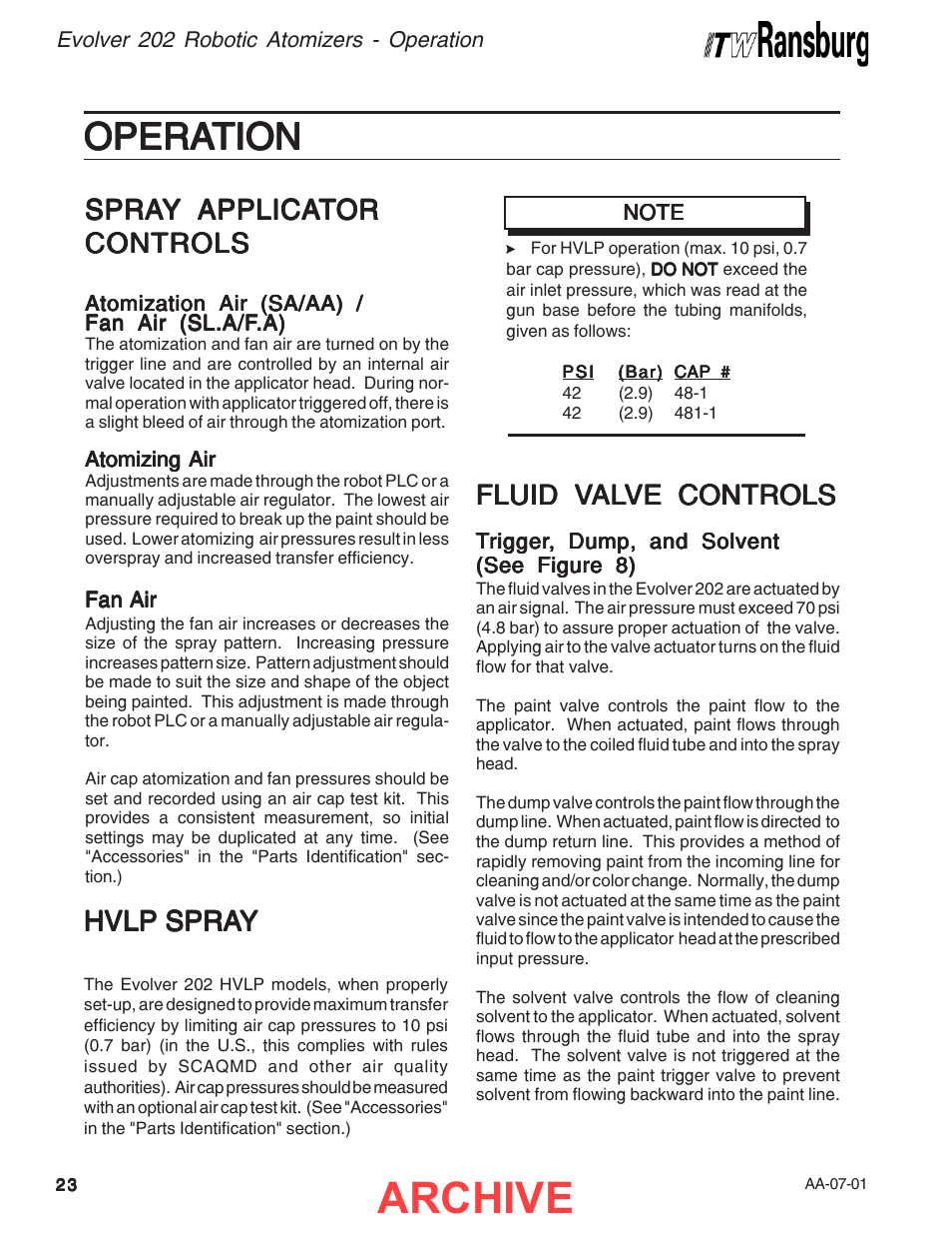 Operation, Archive, Opera | Opera operation tion tion tion tion, Spra, Fluid v, Hvlp | Ransburg Evolver 202 Solvent A11918-XXX User Manual | Page 28 / 96