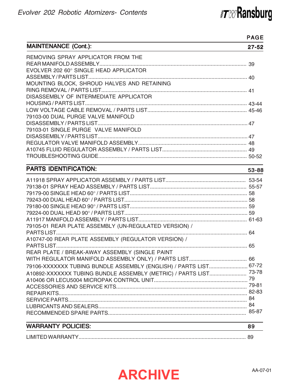 Archive, Evolver 202 robotic atomizers- contents | Ransburg Evolver 202 Solvent A11918-XXX User Manual | Page 4 / 96