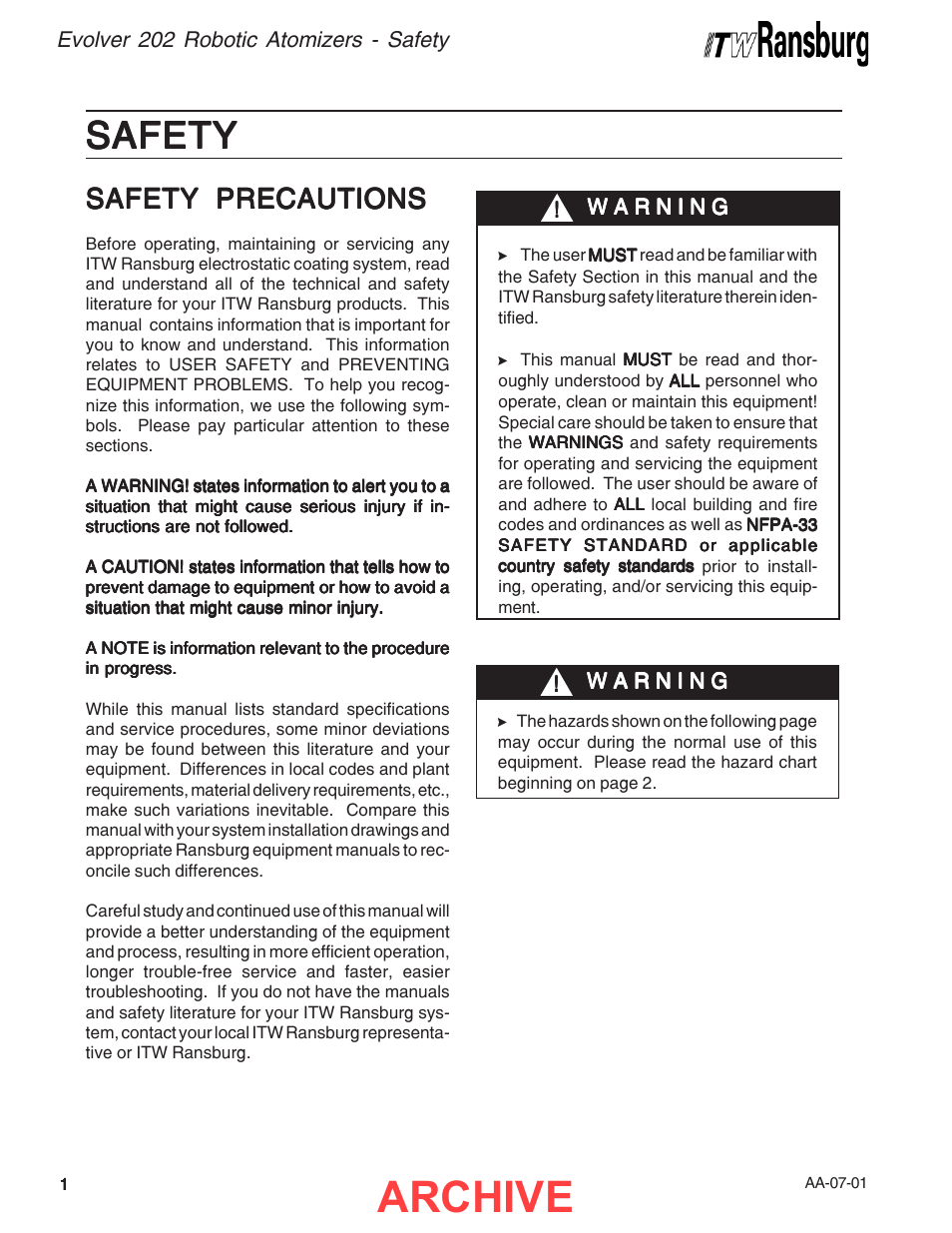 Safety, Archive, Safety precautions | Ransburg Evolver 202 Solvent A11918-XXX User Manual | Page 6 / 96