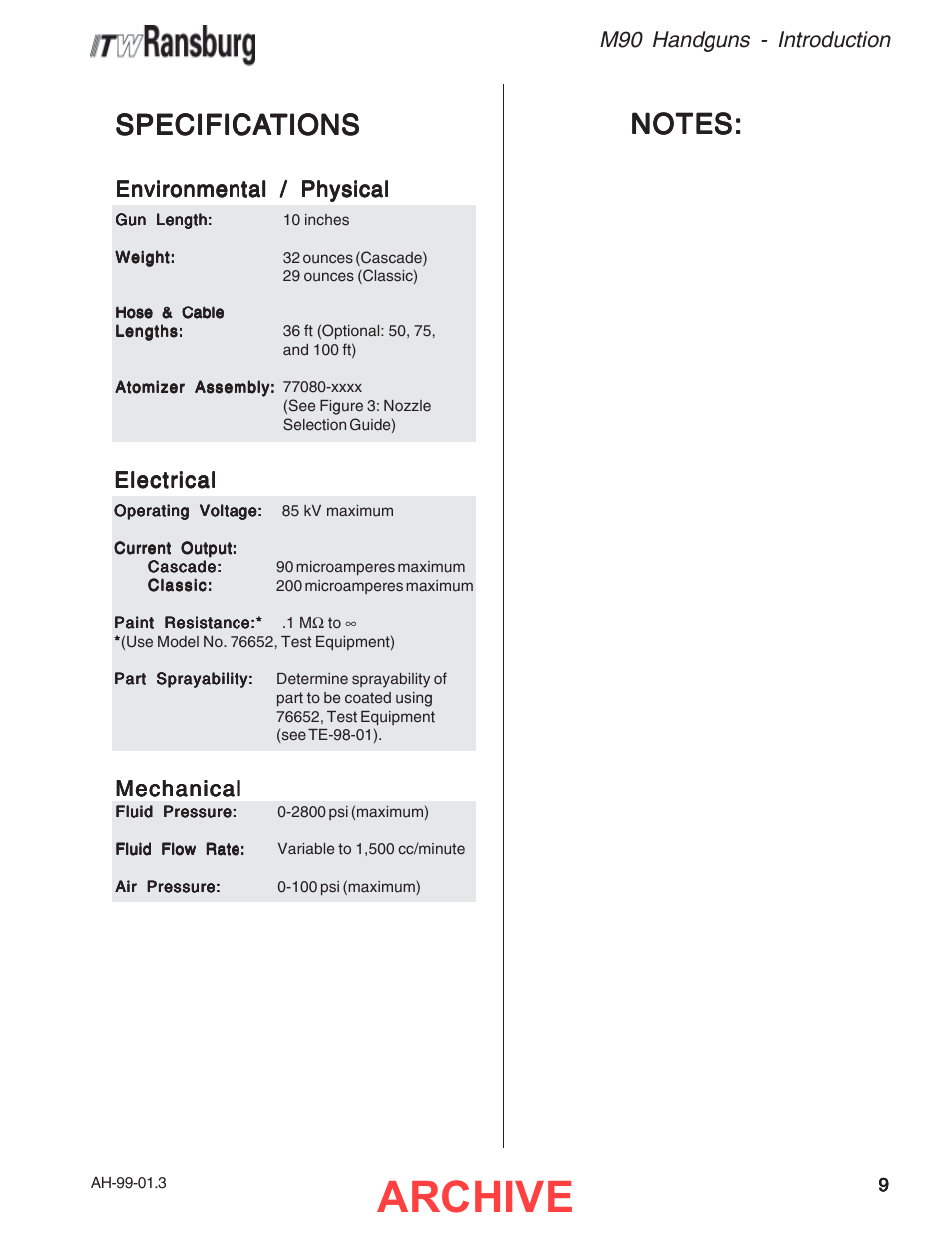 Archive, Specifica, Specifica specifications tions tions tions tions | M90 handguns - introduction | Ransburg M90 Handguns 77073, 77132 User Manual | Page 13 / 52