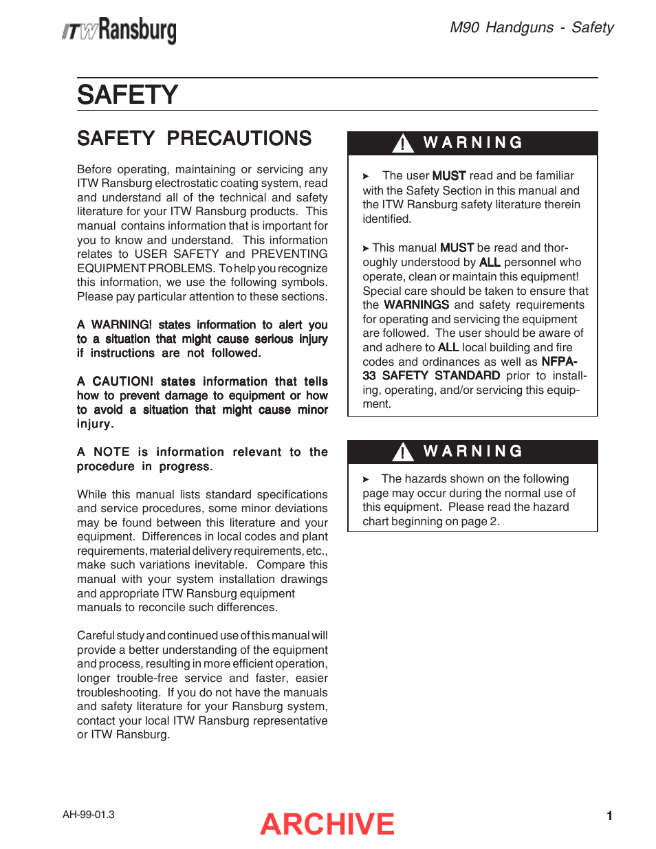 Safety, Archive, Safety precautions | Ransburg M90 Handguns 77073, 77132 User Manual | Page 5 / 52