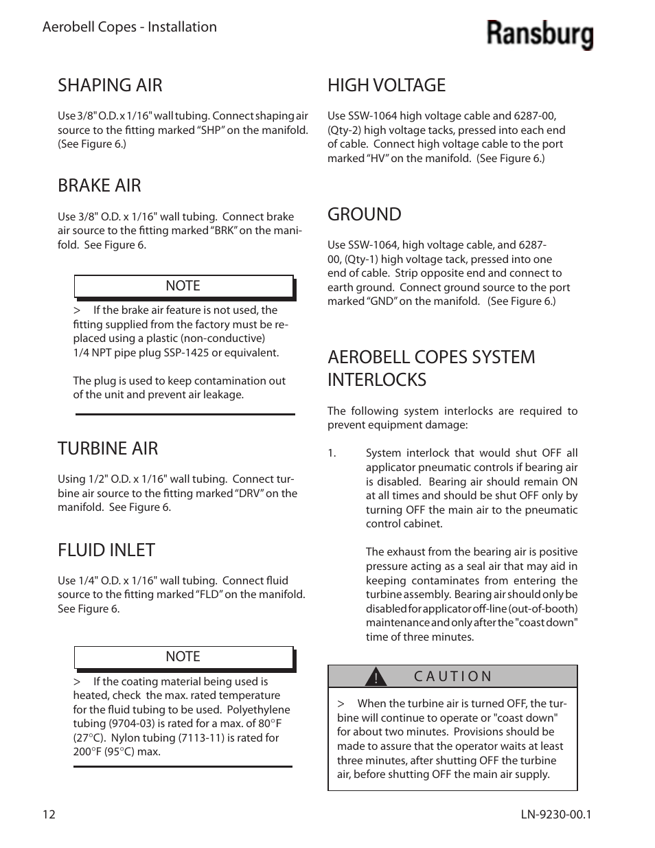 Shaping air, Brake air, Turbine air | Fluid inlet, High voltage, Ground, Aerobell copes system interlocks | Ransburg Aerobell Copes 75850 User Manual | Page 16 / 40