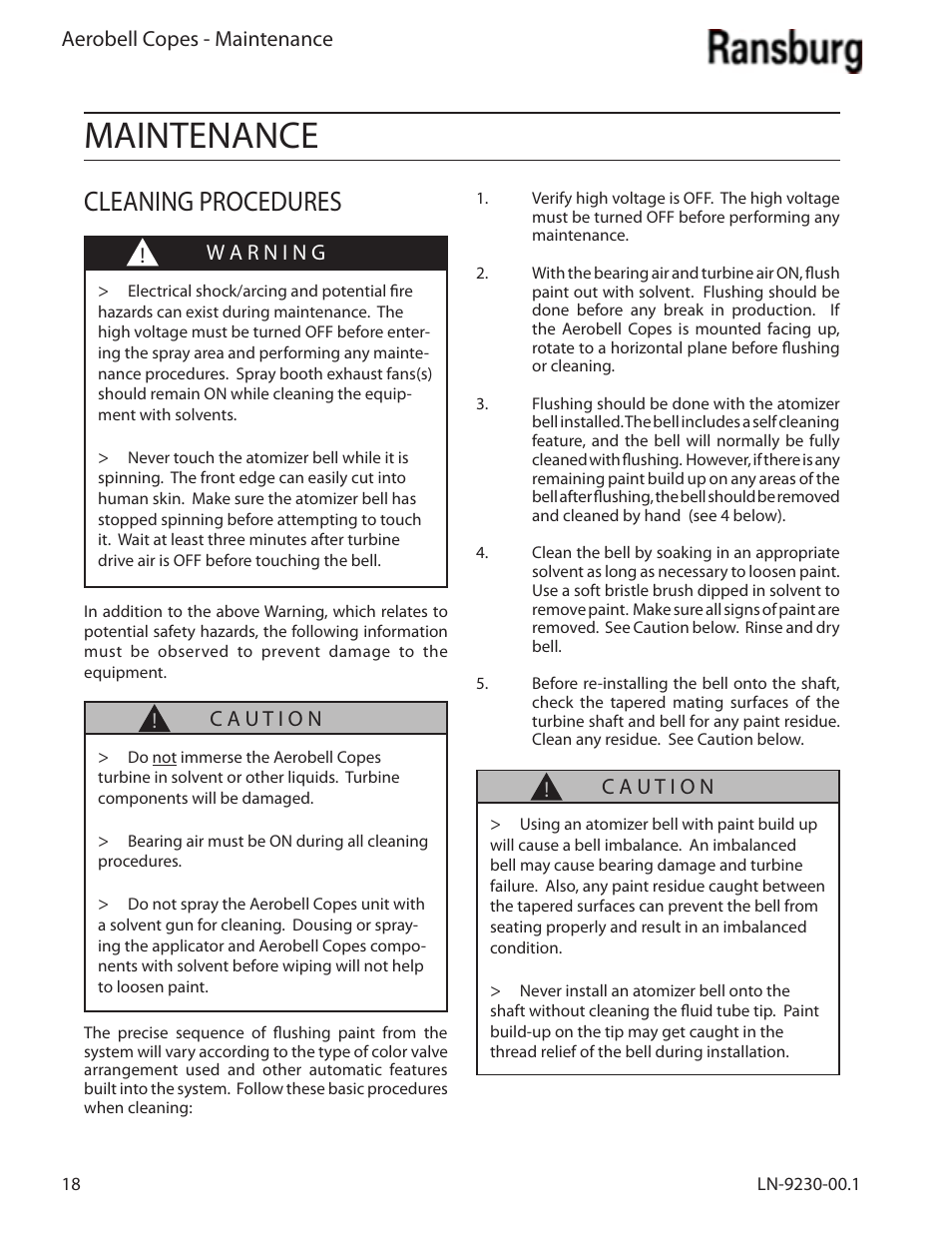 Maintenance, Cleaning procedures | Ransburg Aerobell Copes 75850 User Manual | Page 22 / 40