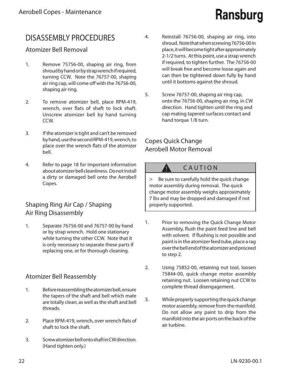 Disassembly procedures | Ransburg Aerobell Copes 75850 User Manual | Page 26 / 40