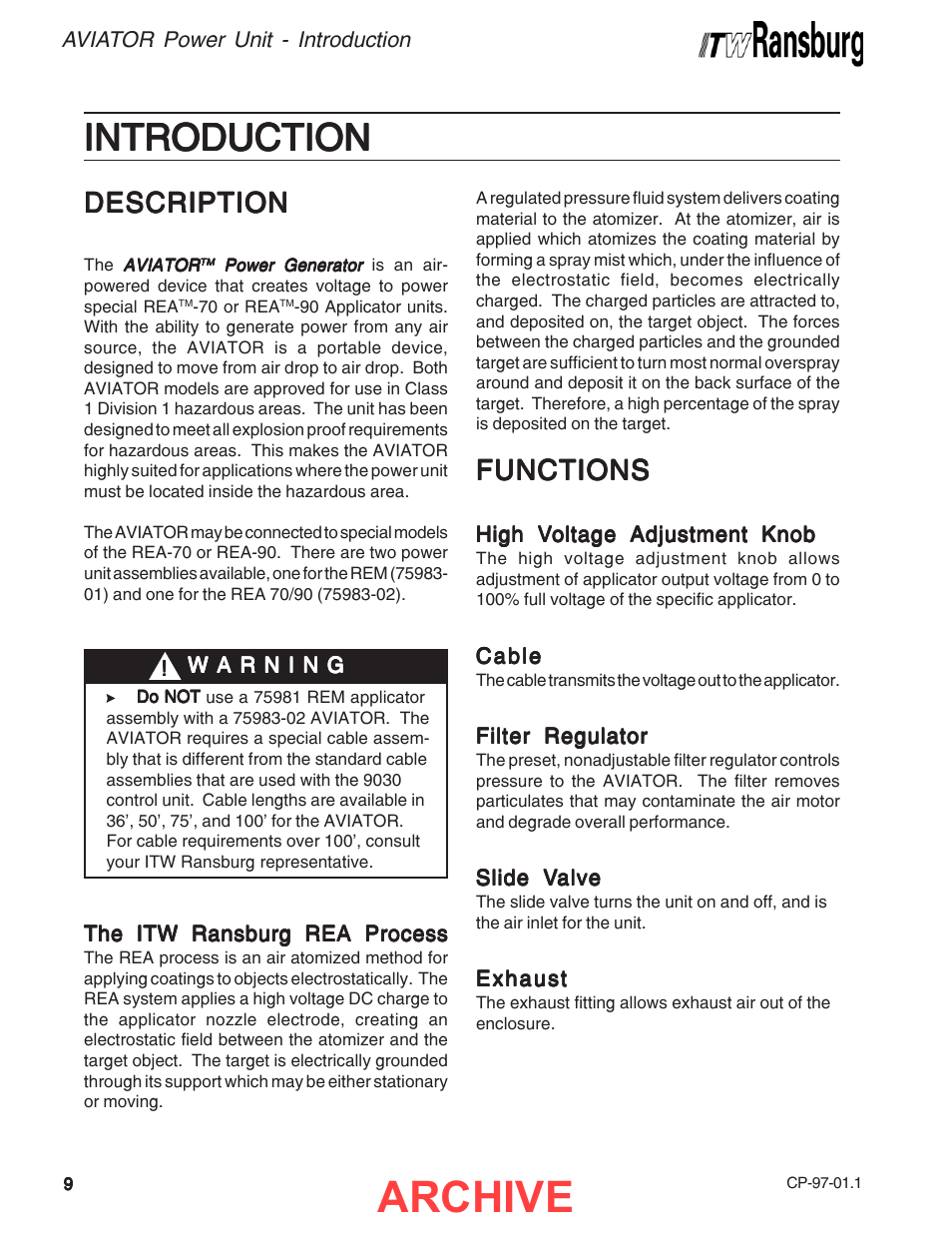 Introduction, Archive, Description | Functions | Ransburg Aviator Power Supply Unit 75983-02 User Manual | Page 12 / 30