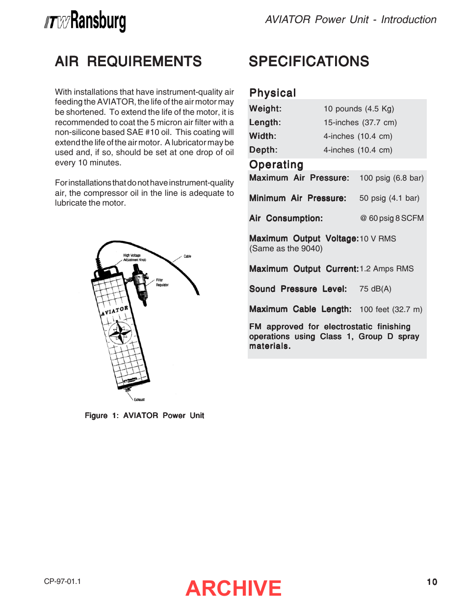 Archive, Specifica, Specifica specifications tions tions tions tions | Air requirements | Ransburg Aviator Power Supply Unit 75983-02 User Manual | Page 13 / 30