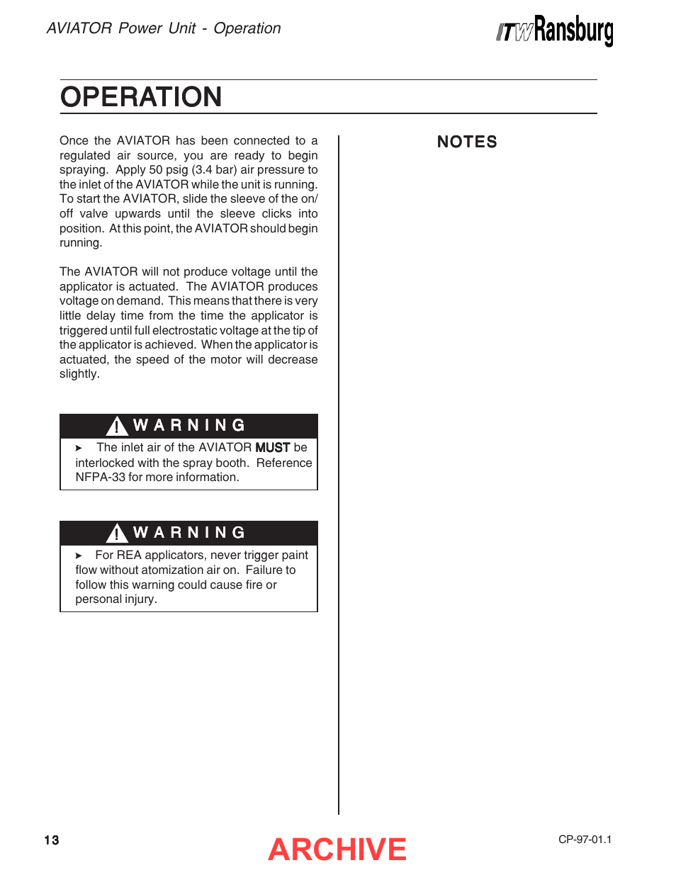 Operation, Archive, Opera | Opera operation tion tion tion tion | Ransburg Aviator Power Supply Unit 75983-02 User Manual | Page 16 / 30