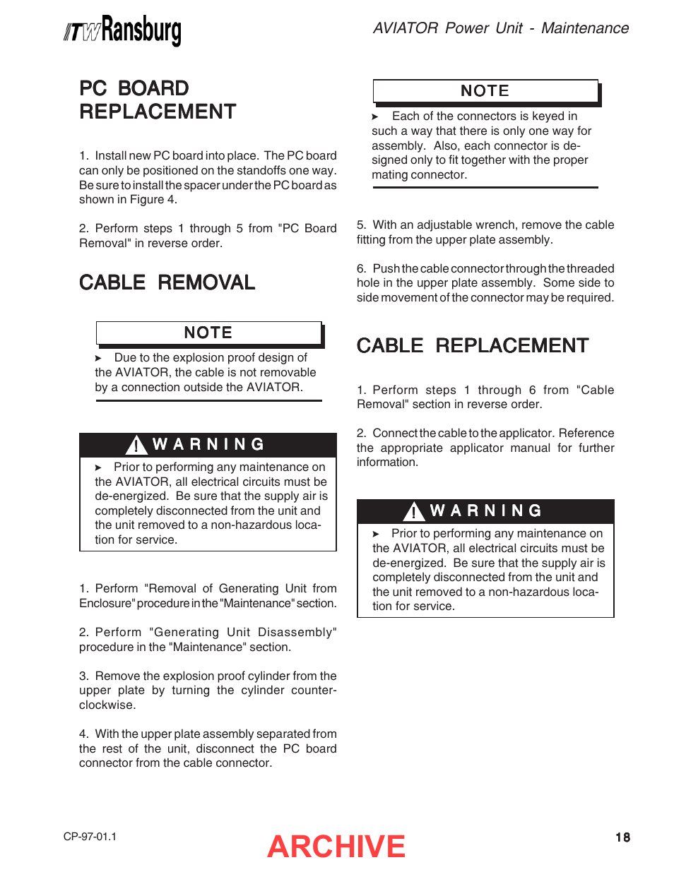 Archive, Cable remov, Cable remov cable removal al al al al | Cable replacement, Pc board | Ransburg Aviator Power Supply Unit 75983-02 User Manual | Page 21 / 30