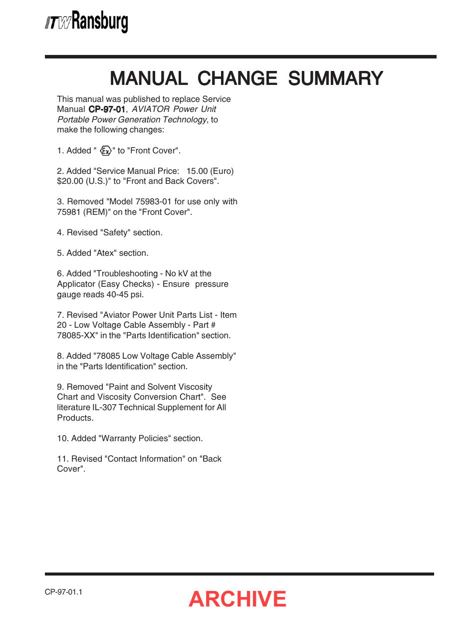 Manual change summary, Archive, Manual | Ransburg Aviator Power Supply Unit 75983-02 User Manual | Page 29 / 30