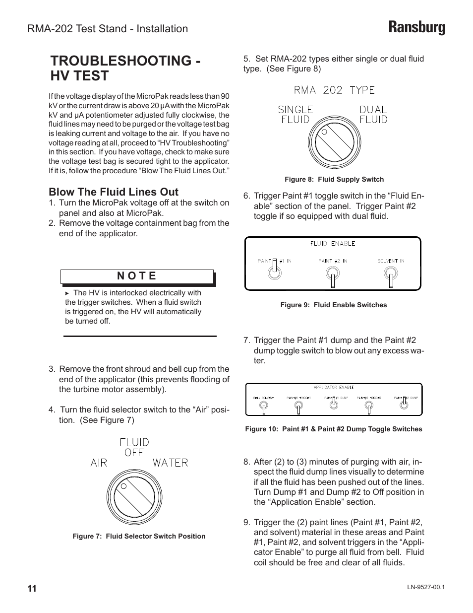 Ransburg, Troubleshooting - hv test, N o t e | Blow the fluid lines out, Rma-202 test stand - installation | Ransburg RMA202 Test Stand 77918-08 User Manual | Page 13 / 27