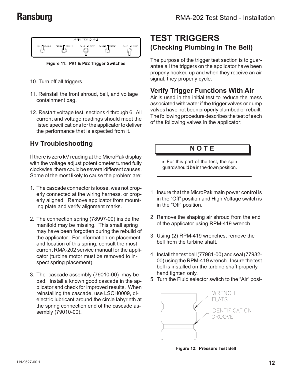 Ransburg, Test triggers, N o t e | Hv troubleshooting, Checking plumbing in the bell), Verify trigger functions with air, Rma-202 test stand - installation | Ransburg RMA202 Test Stand 77918-08 User Manual | Page 14 / 27