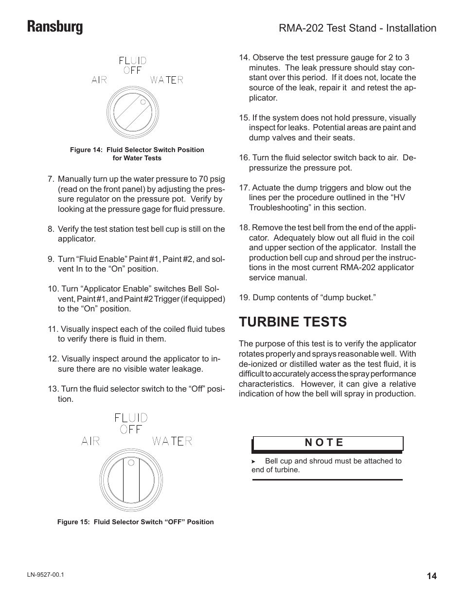 Ransburg, Turbine tests, N o t e | Rma-202 test stand - installation | Ransburg RMA202 Test Stand 77918-08 User Manual | Page 16 / 27