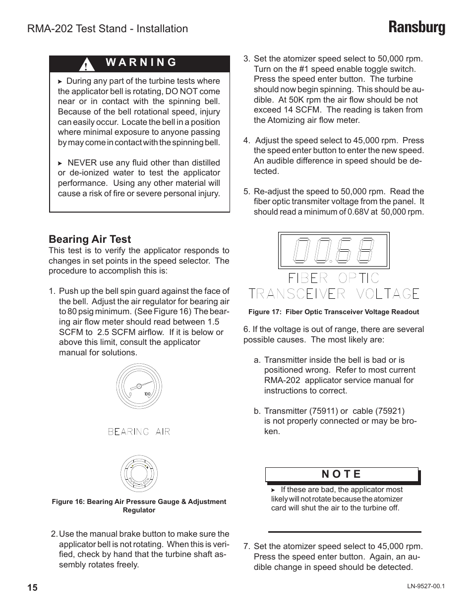 Ransburg, Bearing air test, N o t e | Rma-202 test stand - installation | Ransburg RMA202 Test Stand 77918-08 User Manual | Page 17 / 27