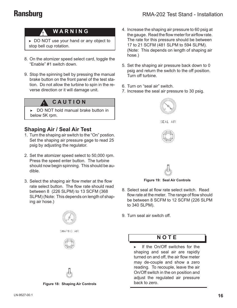 Ransburg, Shaping air / seal air test | Ransburg RMA202 Test Stand 77918-08 User Manual | Page 18 / 27