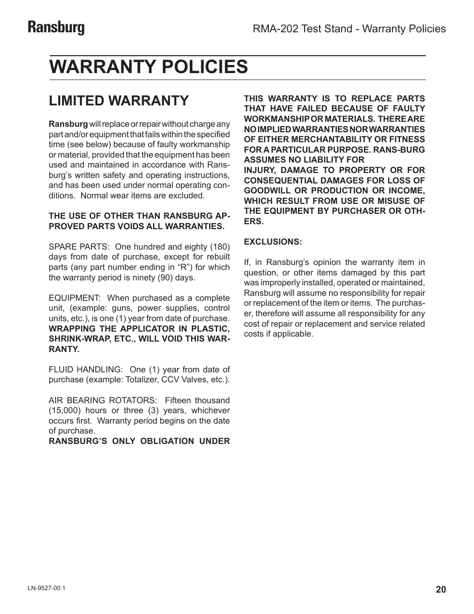 Warranty policies, Ransburg, Limited warranty | Ransburg RMA202 Test Stand 77918-08 User Manual | Page 22 / 27