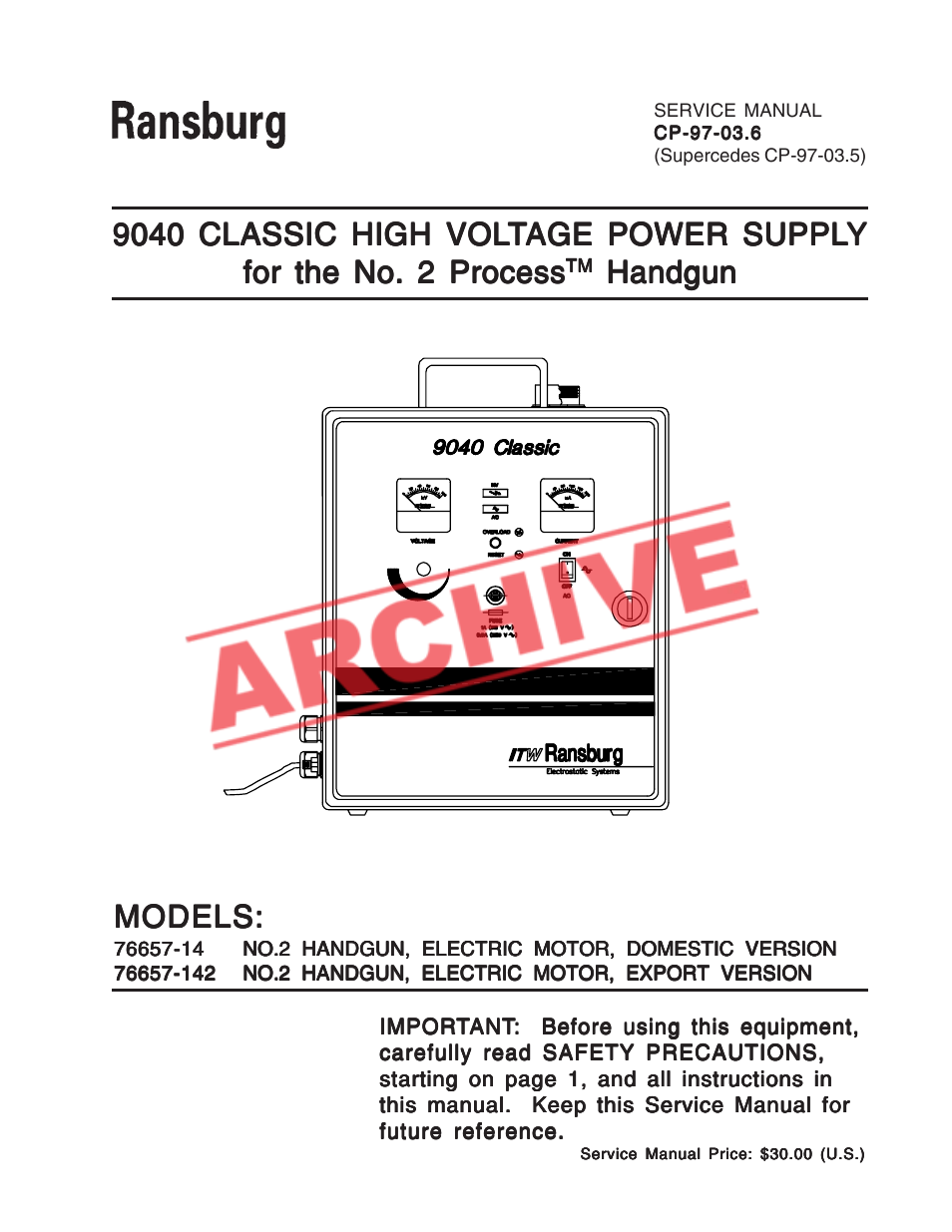 Ransburg 9040 Classic Power Supply _NO2 Gun 76657-14, -142 User Manual | 40 pages