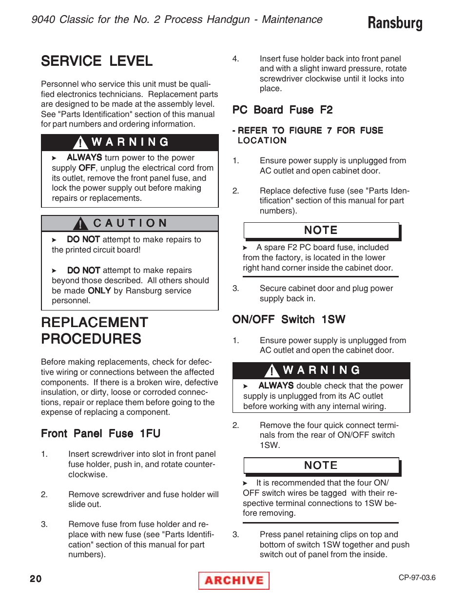 Service level, Replacement | Ransburg 9040 Classic Power Supply _NO2 Gun 76657-14, -142 User Manual | Page 24 / 40